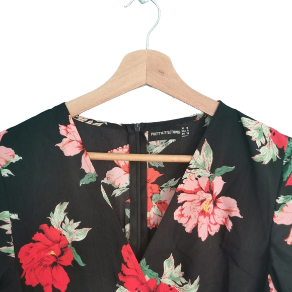 Pretty Little Thing Black Corset Floral Swing Dress PLT Size 8 - Picture 3 of 10